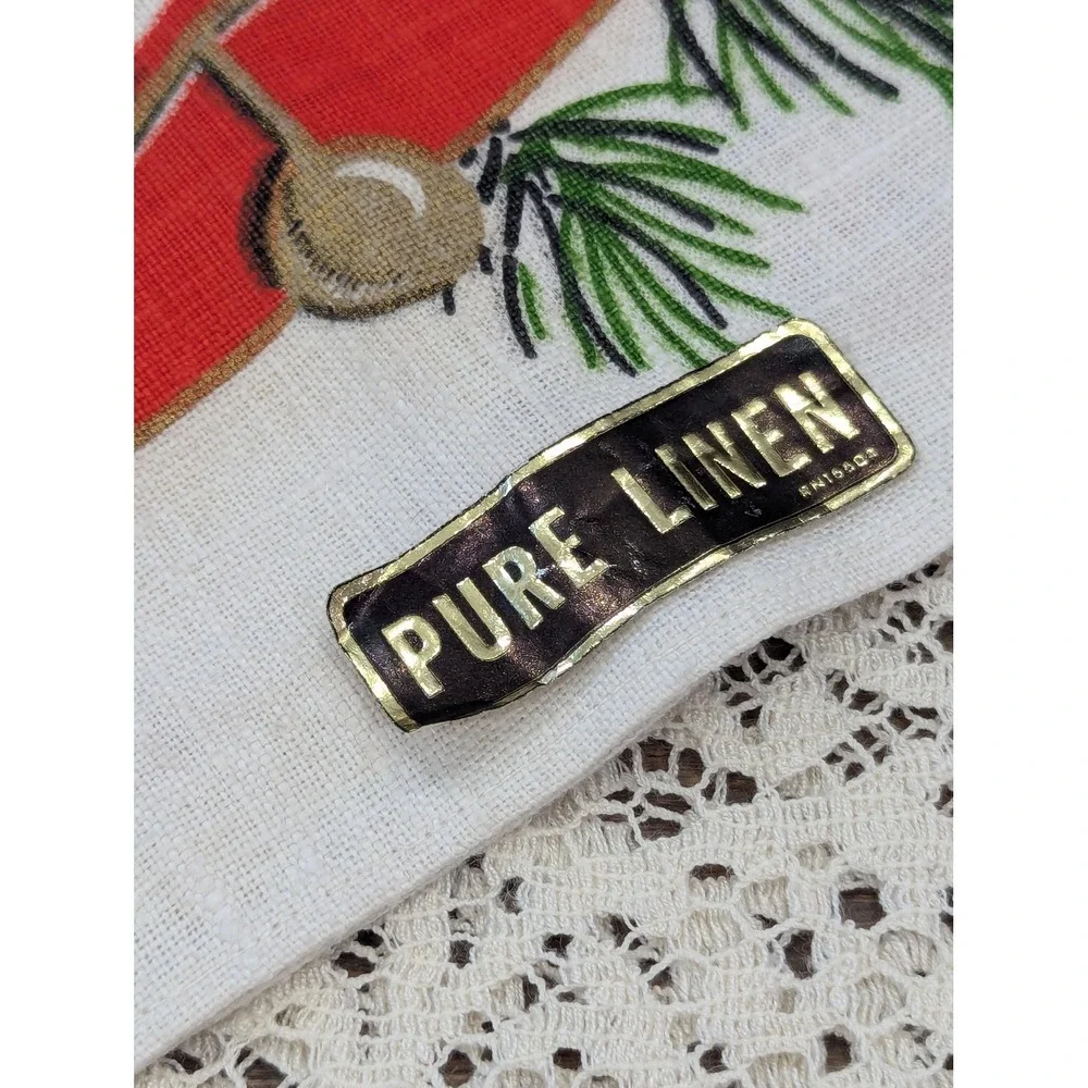 Vintage Pure Linen Christmas Tea Towel Red Bells Holiday Kitchen Decor